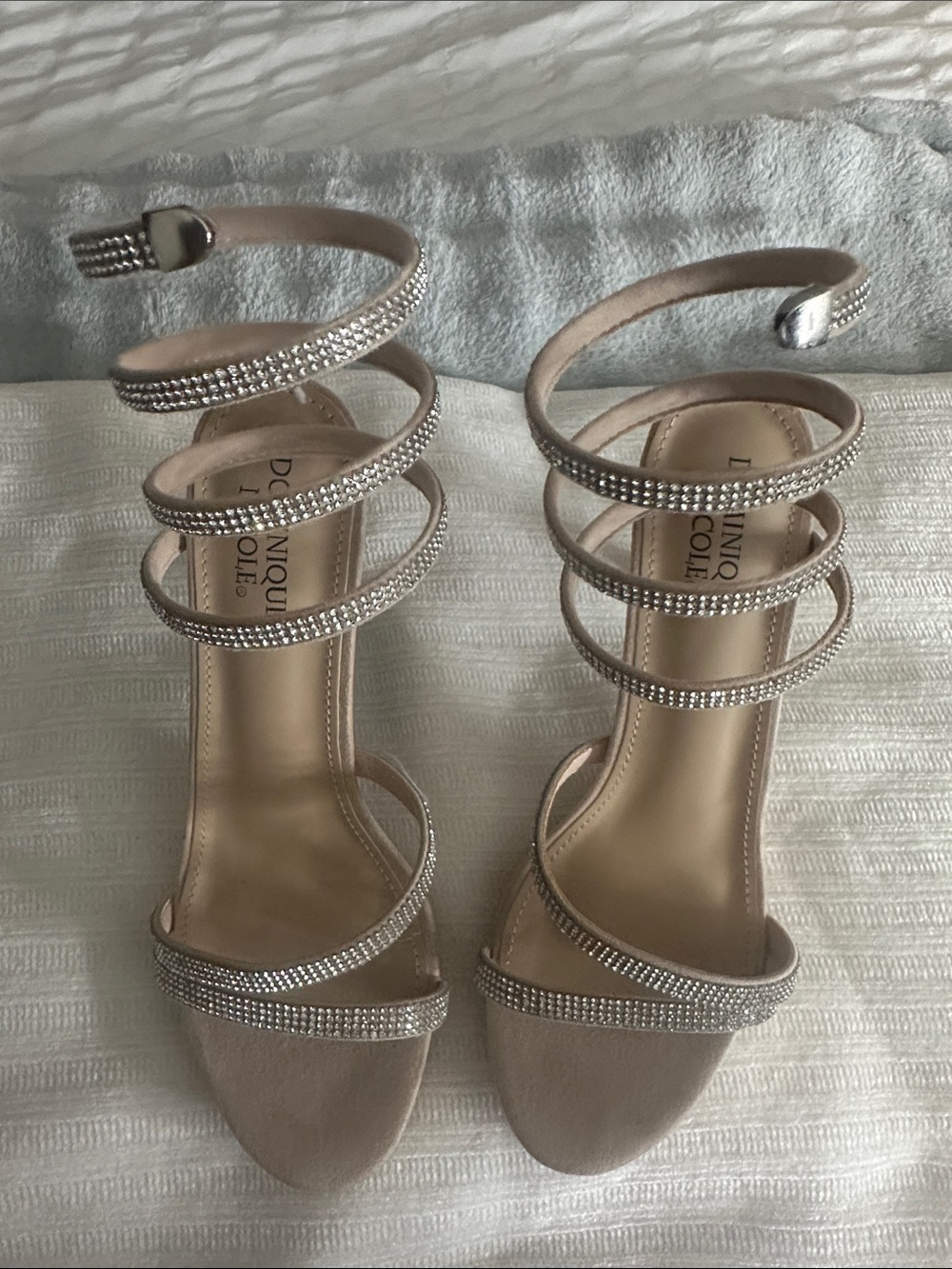 Dominique Nude/Beige Spiral Rhinestone Strap Heels